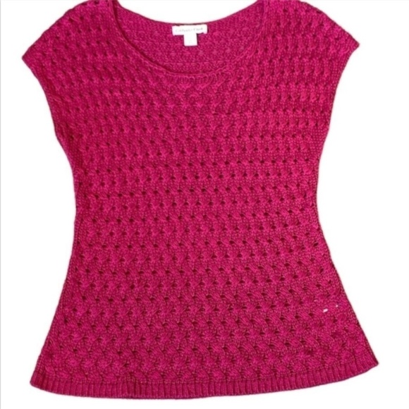 Coldwater Creek Pink Crochet Knit Short Sleeve Top Sz XS 4-6 Barbiecore #257B - Picture 4 of 7